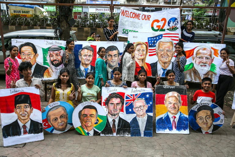 Painted portraits of world leaders attending this years G20 meeting in New Delhi, India.