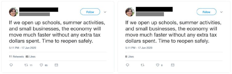 Two copies of the same tweet are seen. The one of the left has more likes and retweets than the one on the left.