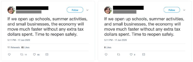 Two copies of the same tweet are seen. The one of the left has more likes and retweets than the one on the left.