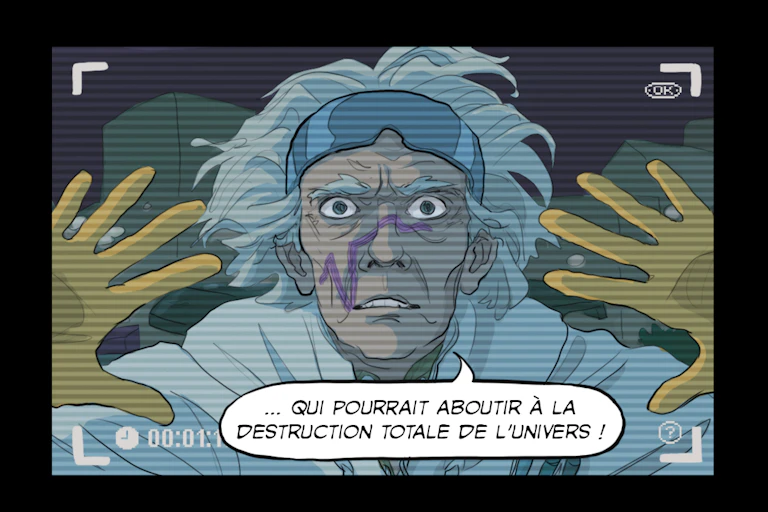 Dessin d'une vidéo amateur sur laquelle un savant inspiré par le personnage de Retour vers le futur qui déclare "... qui pourrait aboutir à la destruction totale de l'univers !"