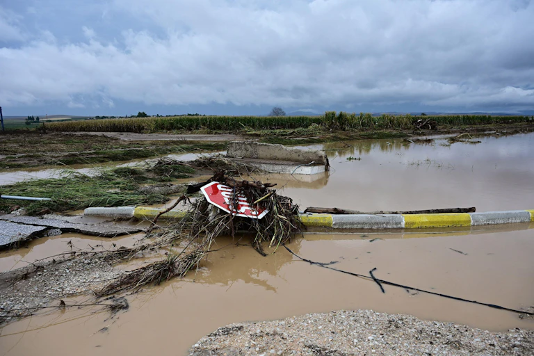 Flooded area and damaged sign on ground