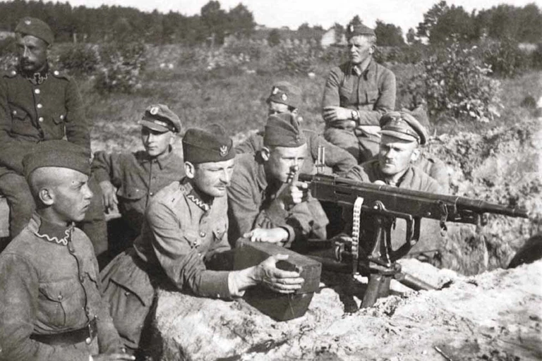 Polish troops man a machine gun in trenches during the Soviet-Polish war of 1919-20.