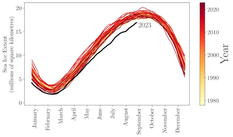 The annual cycle of sea ice extent around Antarctica. Every year follows a similar pattern, except for 2023.
