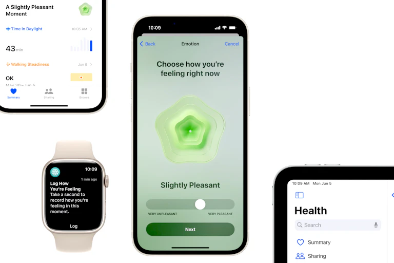 Apple devices shown asking for emotional survey data