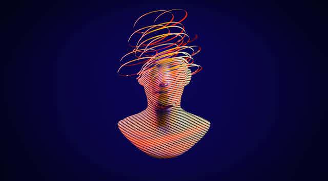 Illustration of a human head made of ribbons, unspooling at the top