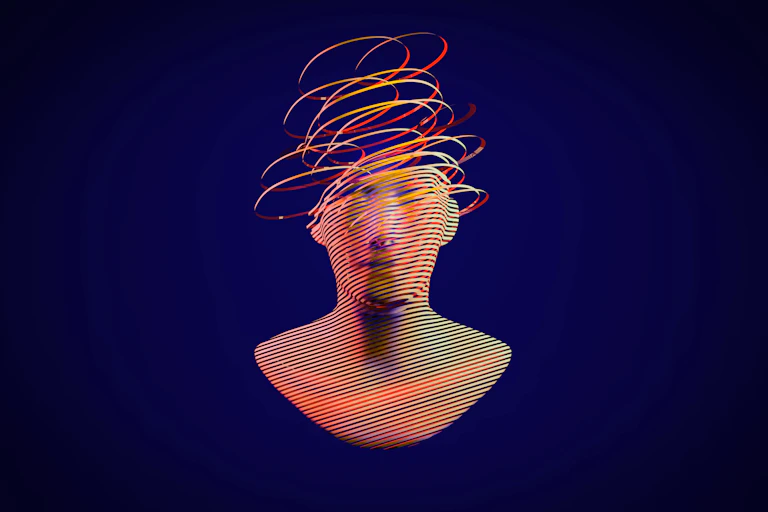 Illustration of a human head made of ribbons, unspooling at the top
