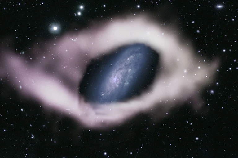A photo showing a spiral galaxy surrounded by a pale, ghostly ring of gas.