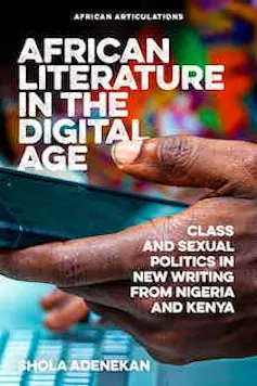 A book cover showing an African hand holding a smartphone as another hand types on computer keys.