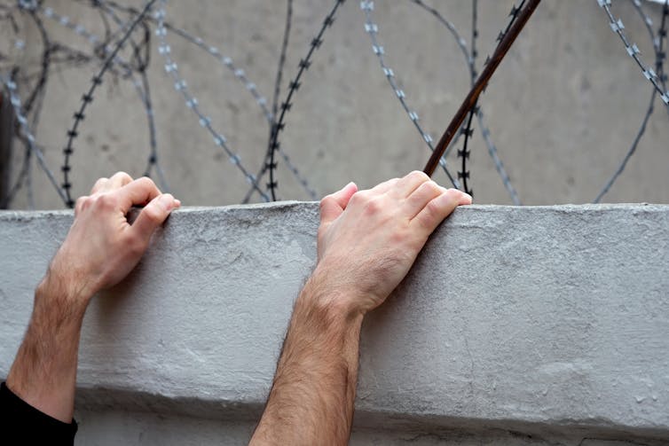 A pair of hands hanging onto the top of a concrete wall, topped with barbed wire