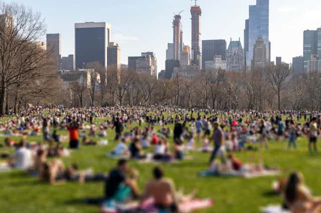 blurry image of people relaxing on grass in a city park
