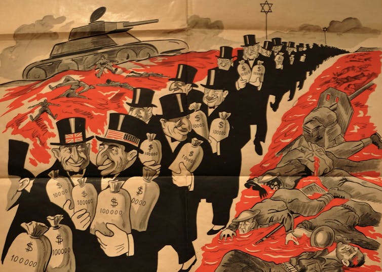 A cartoonish image of slyly smiling Jewish bankers, passing dead soldiers while holding their money bags.