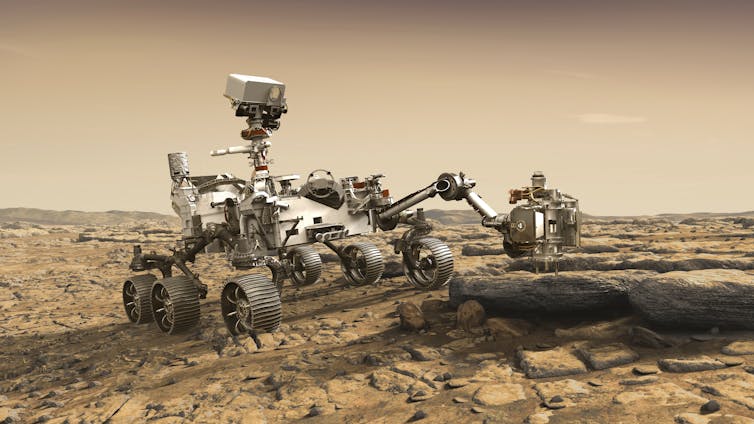 An artist's rendition of the Perseverence rover, make of metal with six small wheels, a camera and a robotic arm.