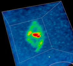 Capture d'écran d'un cube de données montrant l'hydrogène gazeux dans et autour de la galaxie NGC 4632.