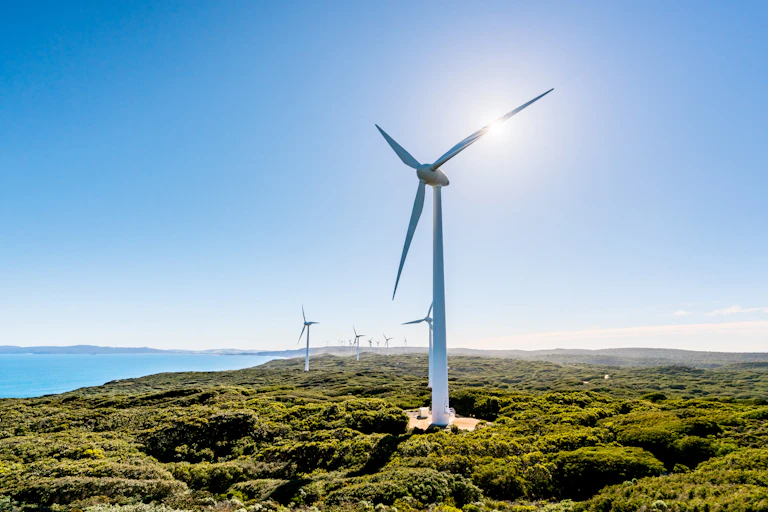 Several white wind turbines in a green field with blue skies behind