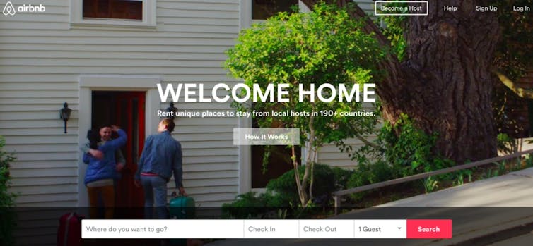 Capture d’écran du site Airbnb en 2015 avec le slogan « Welcome home » (bienvenue chez vous)