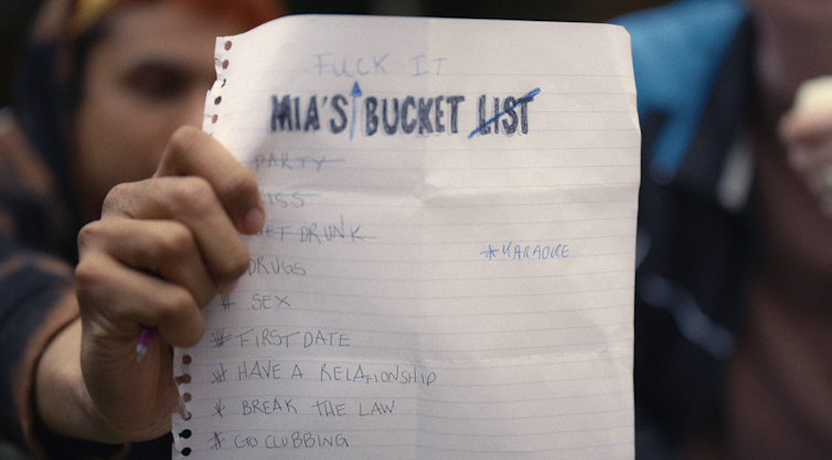 A list titled 'Mia's fuck it list' with bullet points on sex and breaking the law.