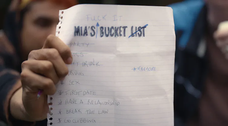 A list titled 'Mia's fuck it list' with bullet points on sex and breaking the law.