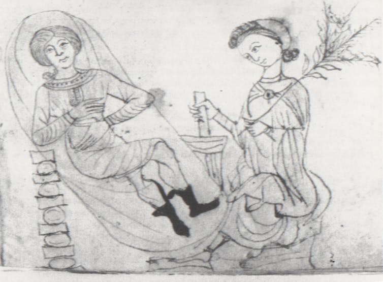 Dibujo de una mujer preparando hierbas para un aborto con la paciente tumbada en una cama.