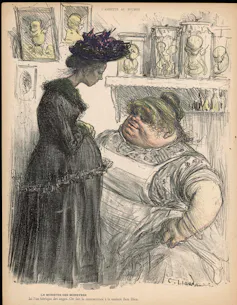 Dibujo de dos mujeres, una embarazada y otra con aspecto de matrona, rodeadas de fetos.