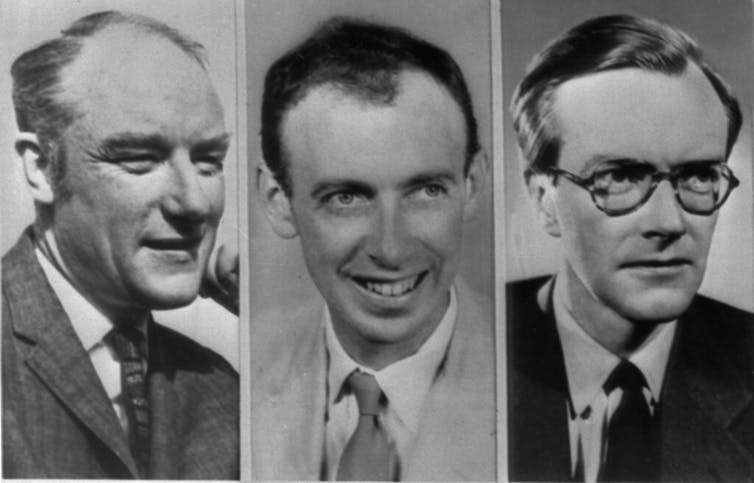 Headshots of Francis Crick, James Watson and Maurice Wilkins