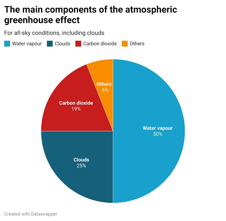 A pie chart showing the components of the total greenhouse effect, with water vapour responsible for 50%