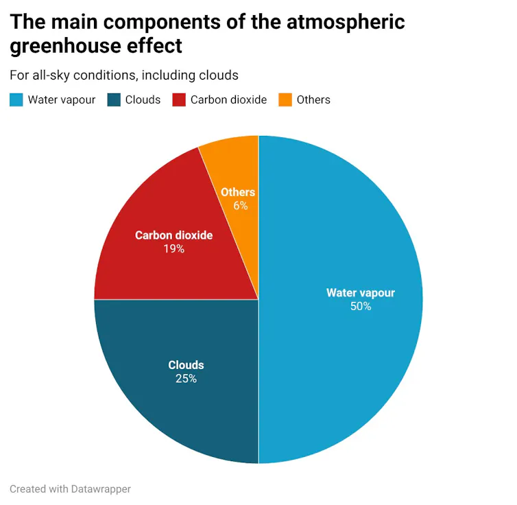 A pie chart showing the components of the total greenhouse effect, with water vapour responsible for 50%