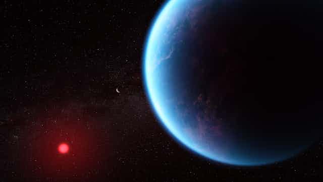 Illustration showing a watery blue planet floating in space with a small, dim red star in the background.