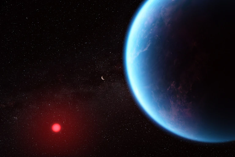 Illustration showing a watery blue planet floating in space with a small, dim red star in the background.
