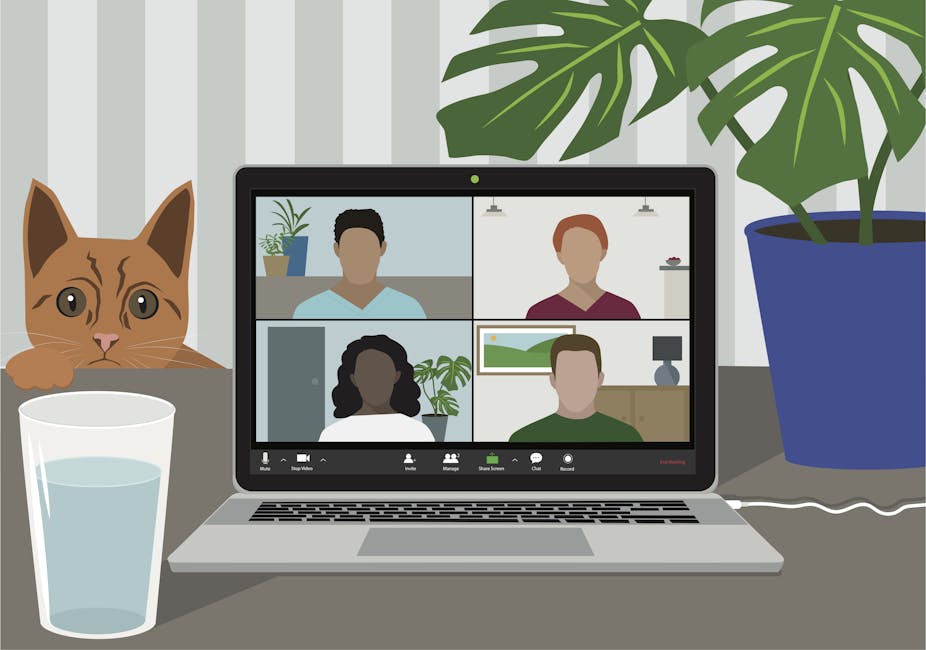 A colourful drawing of a laptop screen on which four people are in a Zoom meeting, with a glass of water on the desk and a plant and a cat in the background.