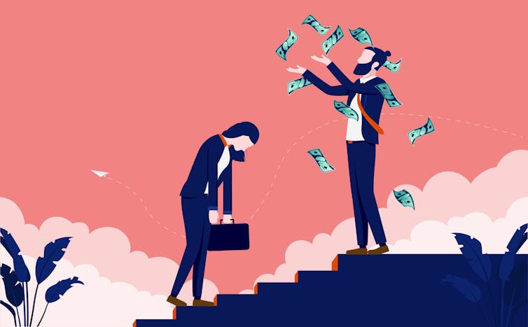 Illustration of a frustrated businesswoman next to a businessman showing off his earnings.