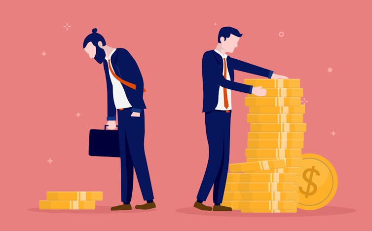 Two men in suits with very different piles of cash