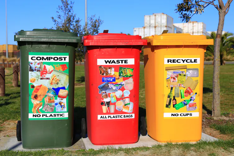 Trois poubelles de tri sélectif