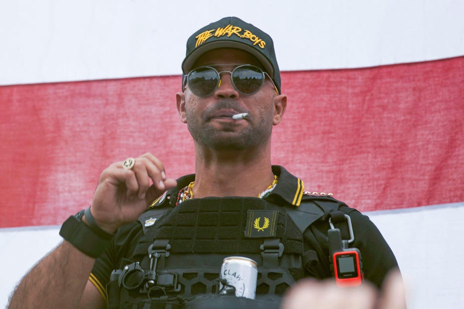 Proud Boys leader Henry "Enrique" Tarrio wearing a hat with 'the war boys' on it during a rally in Portland, Oregon, on September 26, 2020. He recently faced a trial for his role in the attack on the US Capitol.