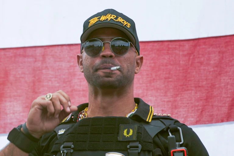Proud Boys leader Henry "Enrique" Tarrio wearing a hat with 'the war boys' on it during a rally in Portland, Oregon, on September 26, 2020. He recently faced a trial for his role in the attack on the US Capitol.