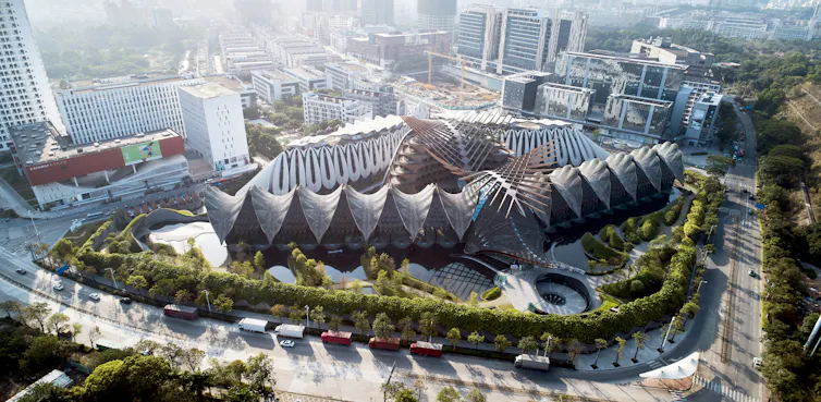An overhead shot of a large university building.