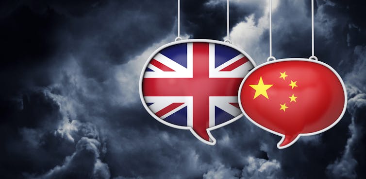 Two speech bubbles filled with British flag and China flag, dark clouds in the background.