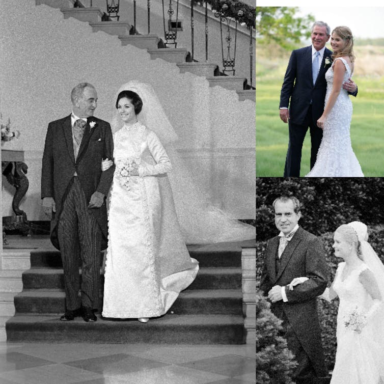 A collage of three photos of men with brides.