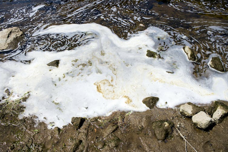 Chemical foam seen washed up on a beach.