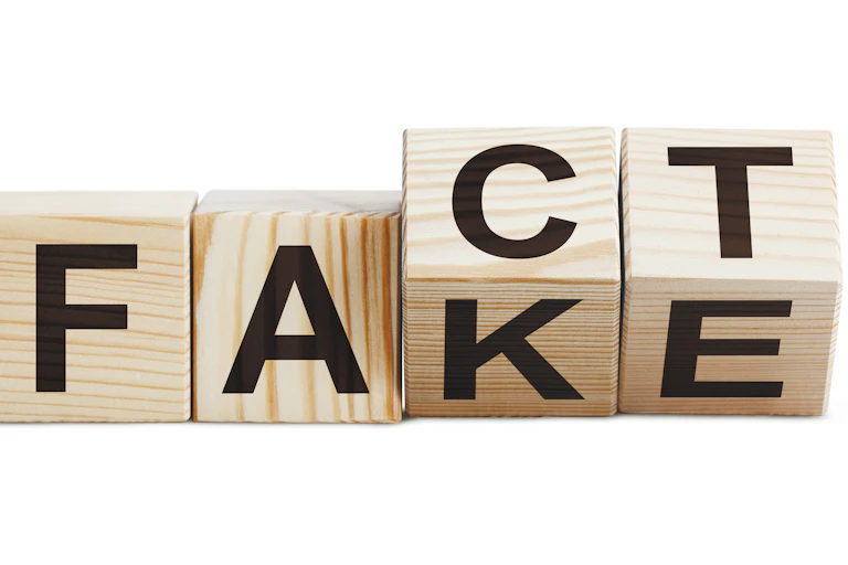 Four wooden blocks spell the words "Fake" and "Fact" as they turn.