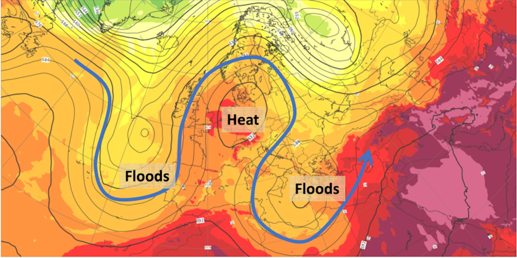 A weather map of north-west Europe showing the omega pattern.