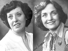 Two black-and-white photos of smiling women.