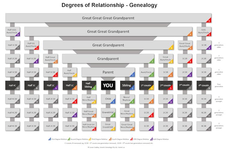 A chart showing relationships to first, second, etc. degree family members