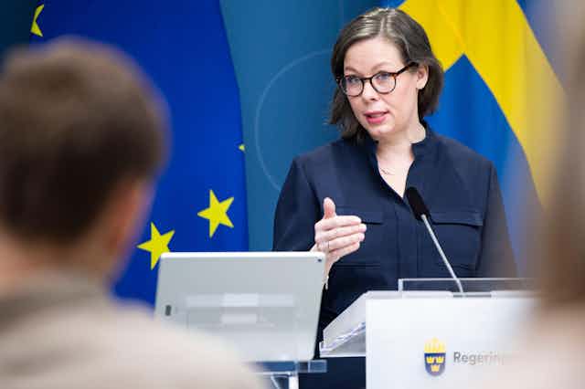 Sweden's Minister for Migration Maria Malmer Stenergard giving a press conference.