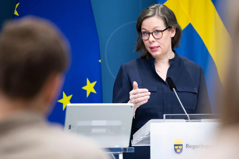 Sweden's Minister for Migration Maria Malmer Stenergard giving a press conference.
