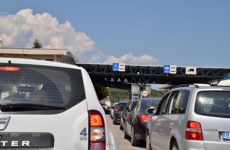 Cars queueing at the Albanian border.