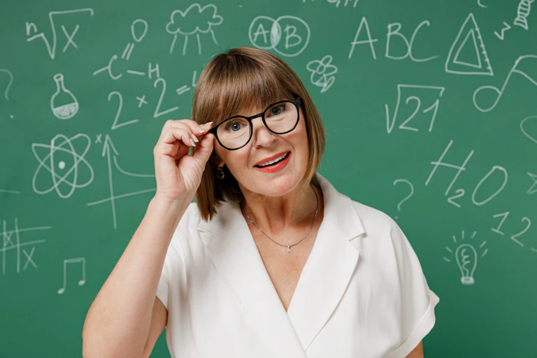 Une enseignante âgée de 55 ans devant un tableau avec des formules mathématiques