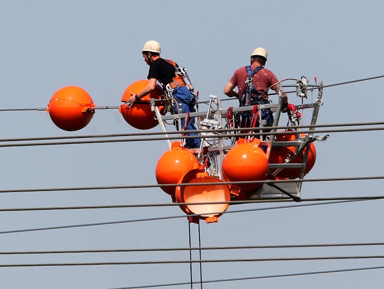 Two construction workers fix orange warning balls to power lines in Moers, Germany.