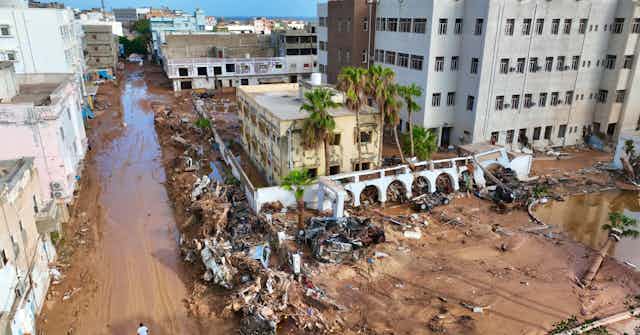 A view of flood damage in the Libyan city of Derna 