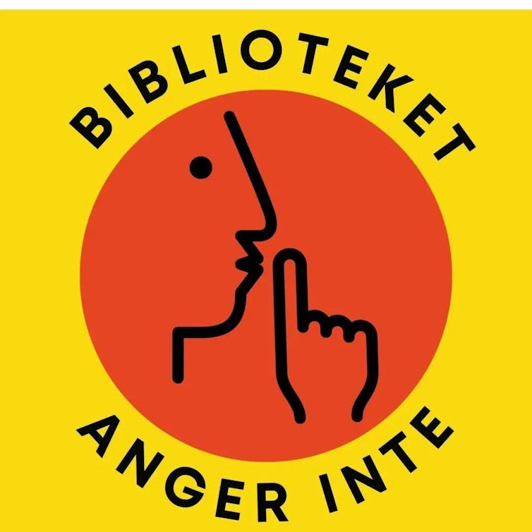 An illustration of a person holding their finger up to their lips with the words 'the library won't report' in Swedish above and below.