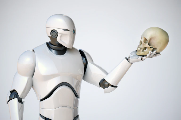 A robot seen looking at a skull